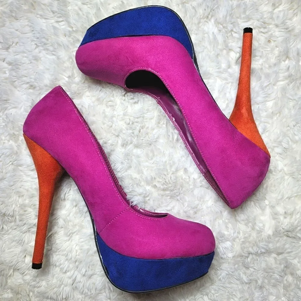 Heart in D Multicolor Platform Stiletto Suede Heels - Pink, Blue & Orange